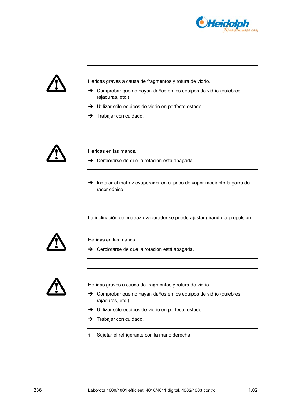5 instalar el matraz evaporador, 6 ajustar la inclinación del matraz evaporador, 5 instalar | Matraz evaporador | Heidolph LABOROTA 4000 up to 4003 User Manual | Page 238 / 364