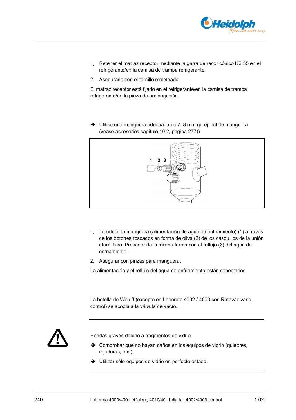 11 montar el matraz receptor, 12 conectar el agua de enfriamiento (excepto g5), 13 conectar el vacío | Heidolph LABOROTA 4000 up to 4003 User Manual | Page 242 / 364