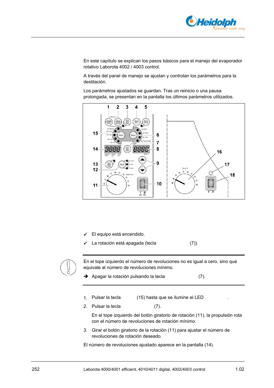 6 manejo laborota 4002 / 4003 control, 1 ajustar el número de revoluciones de rotación, 6 manejo | Laborota, 4002 / 4003 control, Ajustar el número de revoluciones de rotación, Apítulo, Se fig. 6-1, A 252 (9 | Heidolph LABOROTA 4000 up to 4003 User Manual | Page 254 / 364