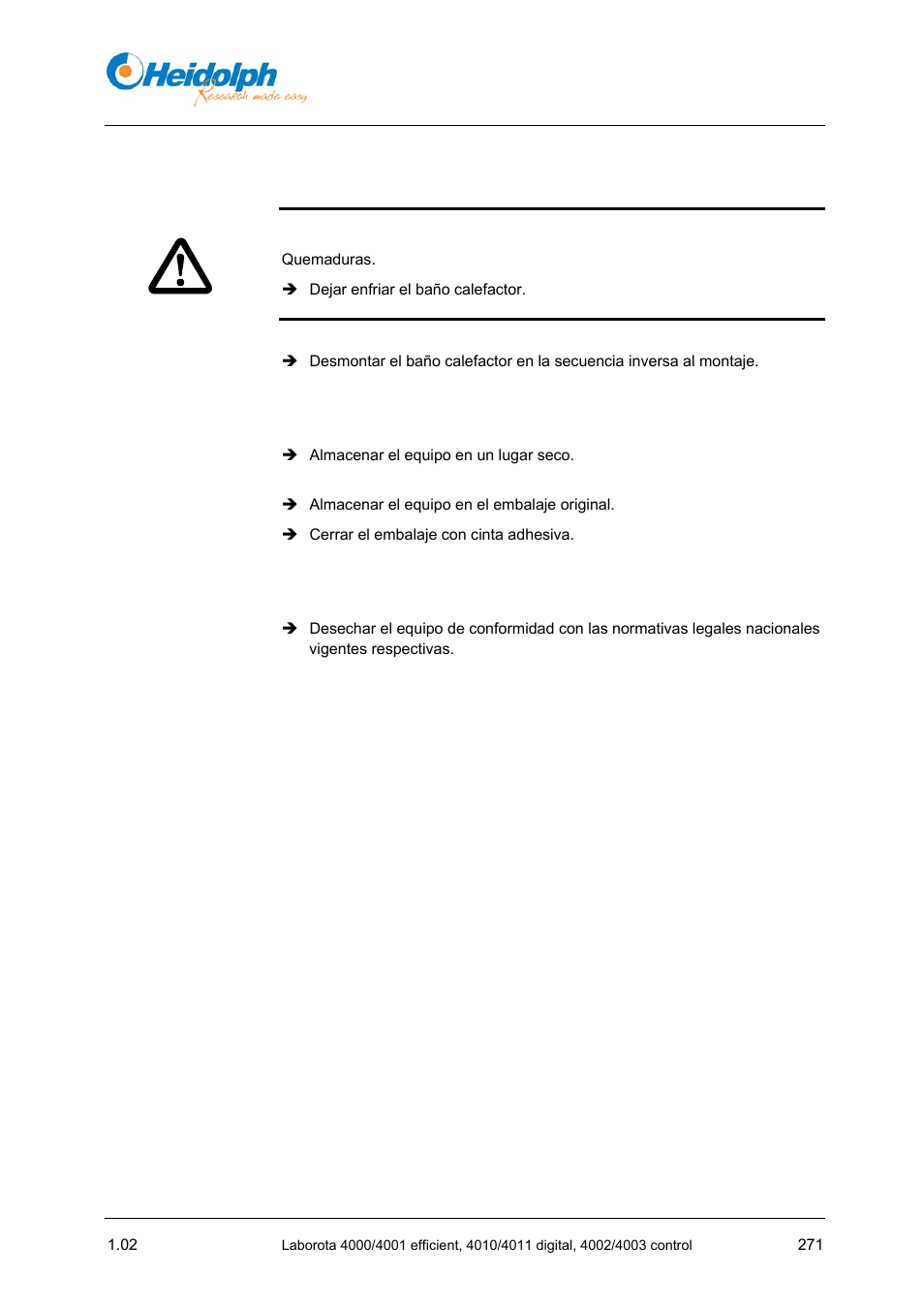 4 desmontar el baño calefactor, 2 almacenamiento, 3 eliminación de desechos | 4 desmontar, El baño calefactor, 3 eliminación, De desechos | Heidolph LABOROTA 4000 up to 4003 User Manual | Page 273 / 364