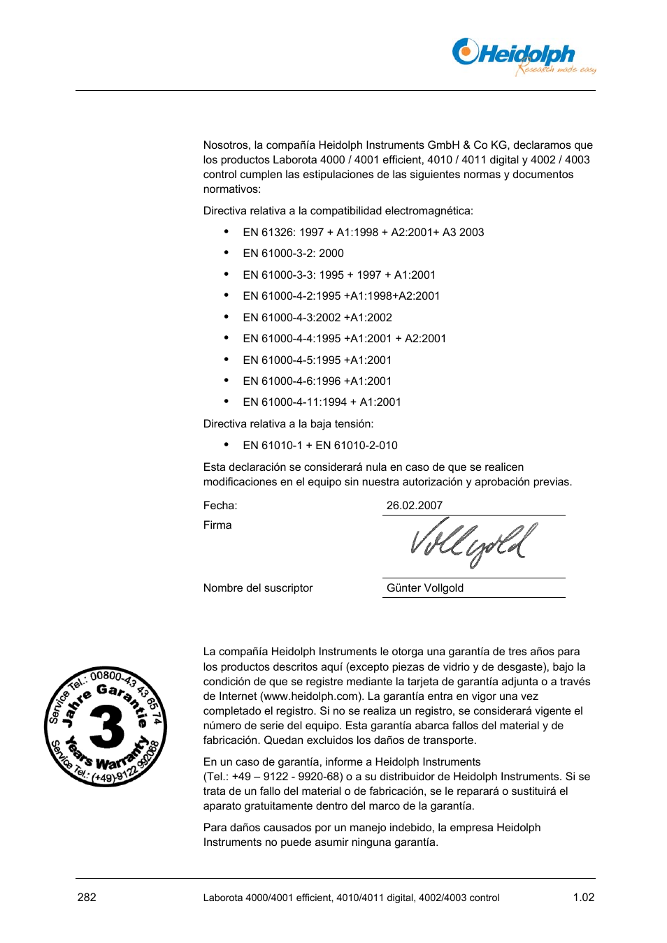 4 declaración de conformidad ue, 5 declaración de garantía, 4 declaración | De conformidad ue | Heidolph LABOROTA 4000 up to 4003 User Manual | Page 284 / 364