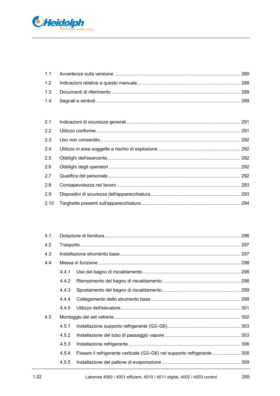 Istruzioni per l’uso, Indice | Heidolph LABOROTA 4000 up to 4003 User Manual | Page 287 / 364