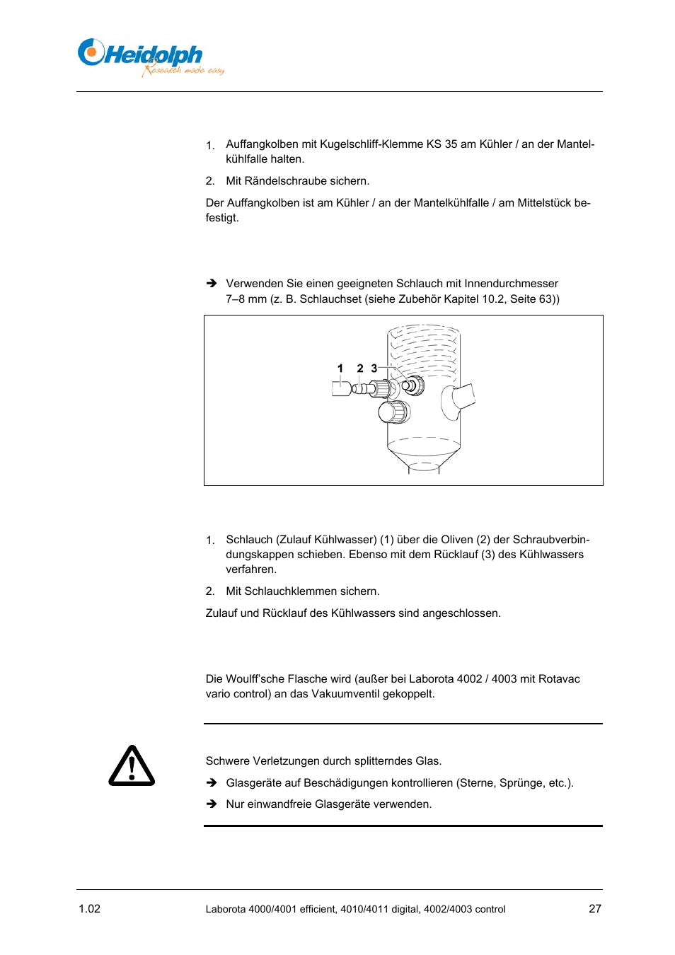 11 auffangkolben montieren, 12 kühlwasser anschließen (außer g5), 13 vakuum anschließen | Heidolph LABOROTA 4000 up to 4003 User Manual | Page 29 / 364