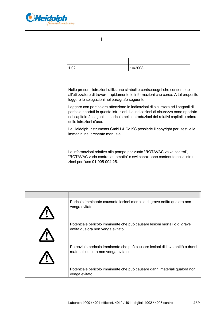 1 indicazioni in merito a questo documento, 1 avvertenze sulla versione, 2 indicazioni relative a questo manuale | 3 documenti di riferimento, 4 segnali e simboli, Indicazioni in merito a questo documento, 1 avvertenze, Sulla versione, 2 indicazioni, Relative a questo manuale | Heidolph LABOROTA 4000 up to 4003 User Manual | Page 291 / 364