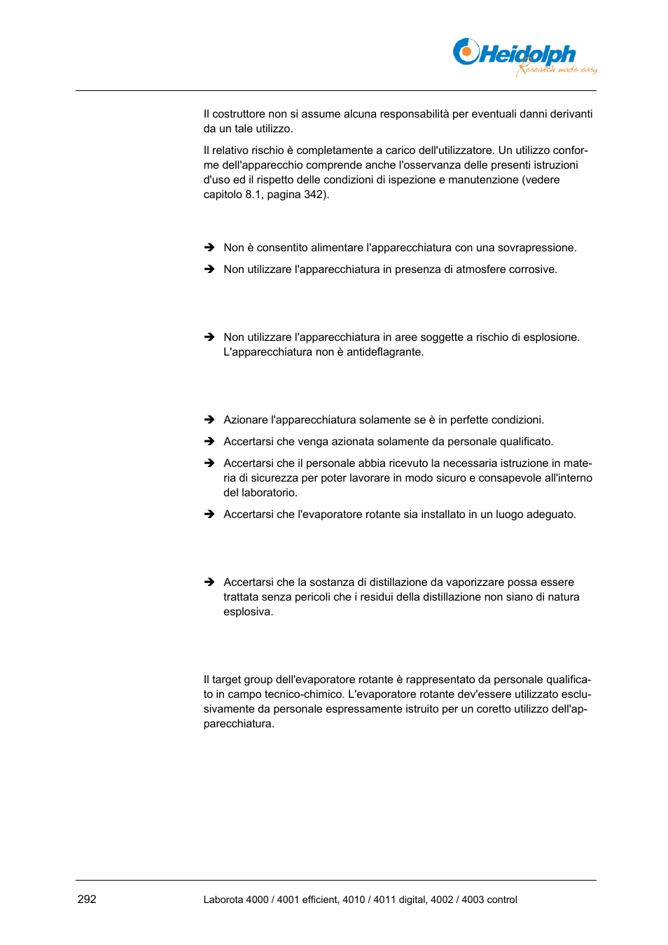 3 uso non consentito, 5 obblighi dell'esercente, 6 obblighi degli operatori | 7 qualifica del personale, 3 uso, Consentito, Utilizzo in aree soggette a rischio di esplosione, 5 obblighi, Dell'esercente, 6 obblighi | Heidolph LABOROTA 4000 up to 4003 User Manual | Page 294 / 364