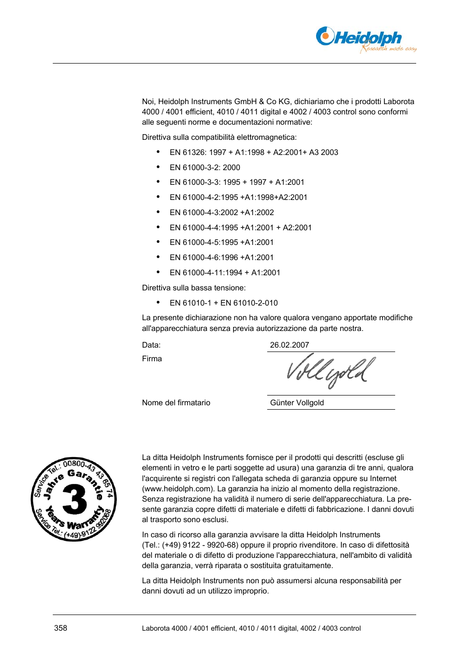 4 dichiarazione di conformità eu, 5 dichiarazione di garanzia, 4 dichiarazione | Di conformità eu | Heidolph LABOROTA 4000 up to 4003 User Manual | Page 360 / 364