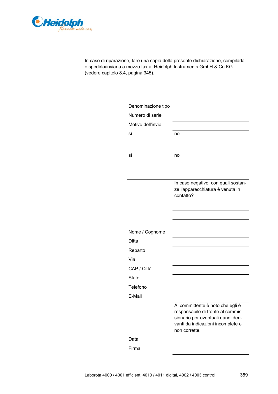 6 dichiarazione di assenza di rischio, 6 dichiarazione, Assenza di rischio | Heidolph LABOROTA 4000 up to 4003 User Manual | Page 361 / 364
