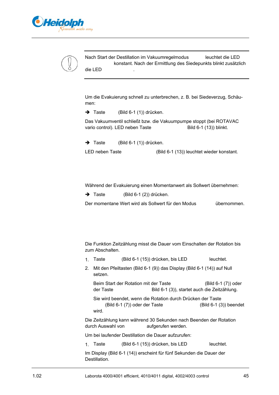 5 evakuierung unterbrechen, 5 zeitfunktionen, 1 zeitzählung | Heidolph LABOROTA 4000 up to 4003 User Manual | Page 47 / 364