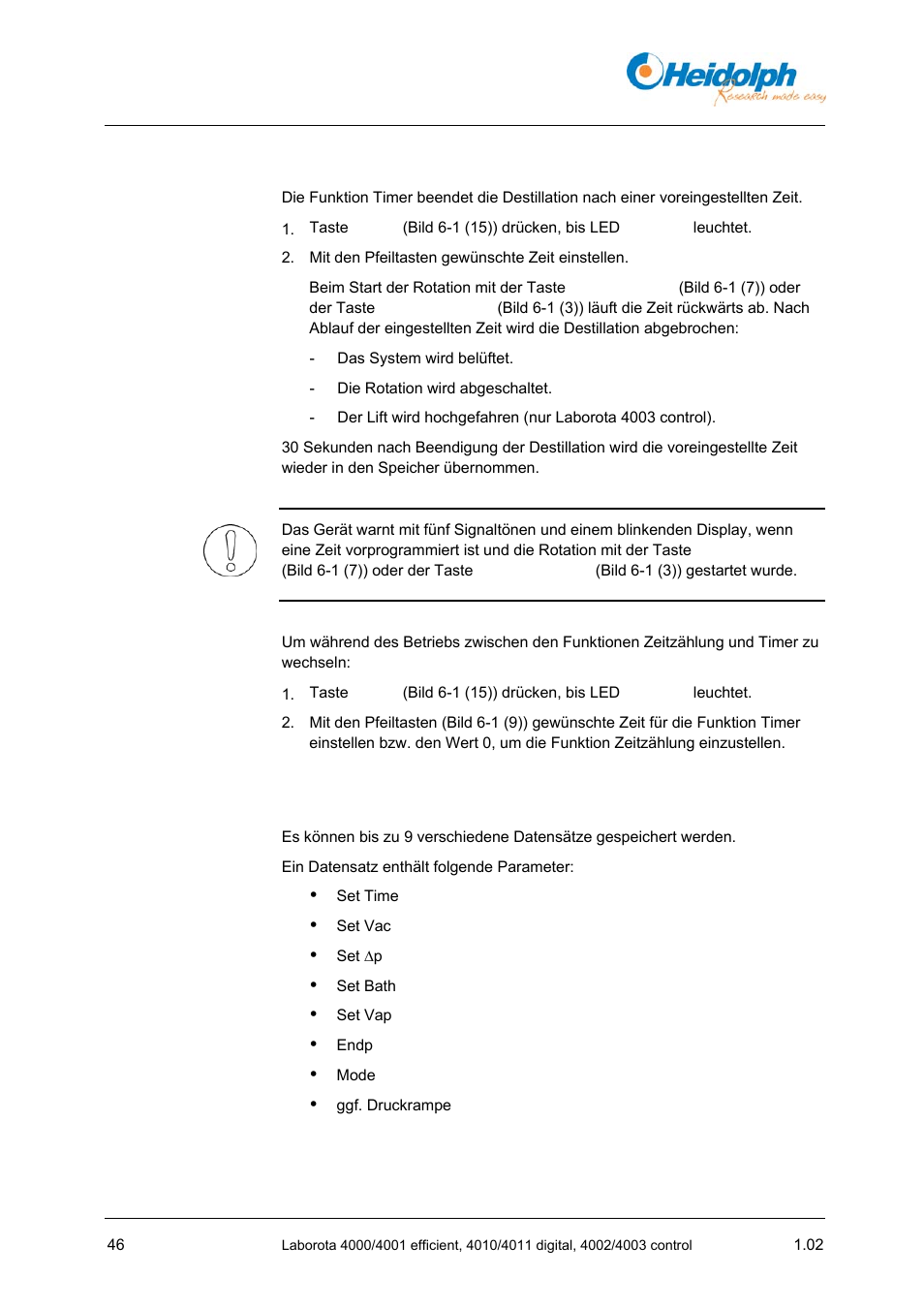 2 timer, 6 destillationsparameter verwalten | Heidolph LABOROTA 4000 up to 4003 User Manual | Page 48 / 364