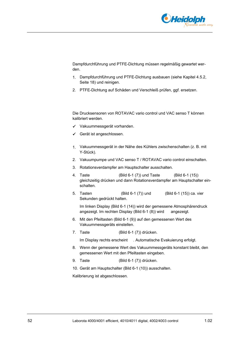 8 wartung, reinigung, service, 1 wartung, 1 drucksensor kalibrieren | 8 wartung, Reinigung, service, 1, seite 52) | Heidolph LABOROTA 4000 up to 4003 User Manual | Page 54 / 364