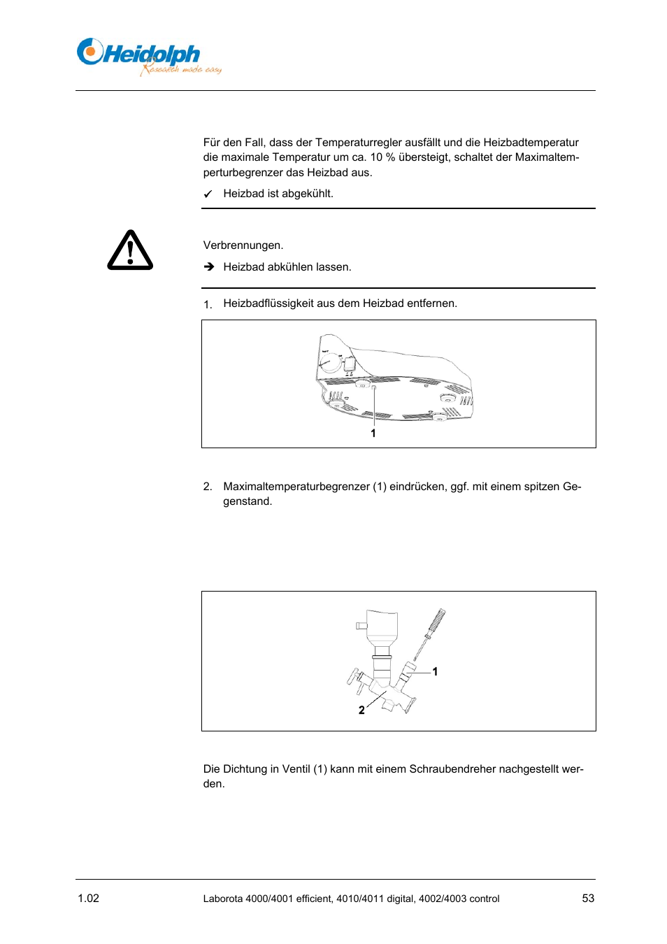 2 maximaltemperaturbegrenzer zurücksetzen, 3 vakuumdichtigkeit nachstellen (glassatz g6), 3 vakuumdichtigkeit | Nachstellen (glassatz g6), 2, seite 53) | Heidolph LABOROTA 4000 up to 4003 User Manual | Page 55 / 364