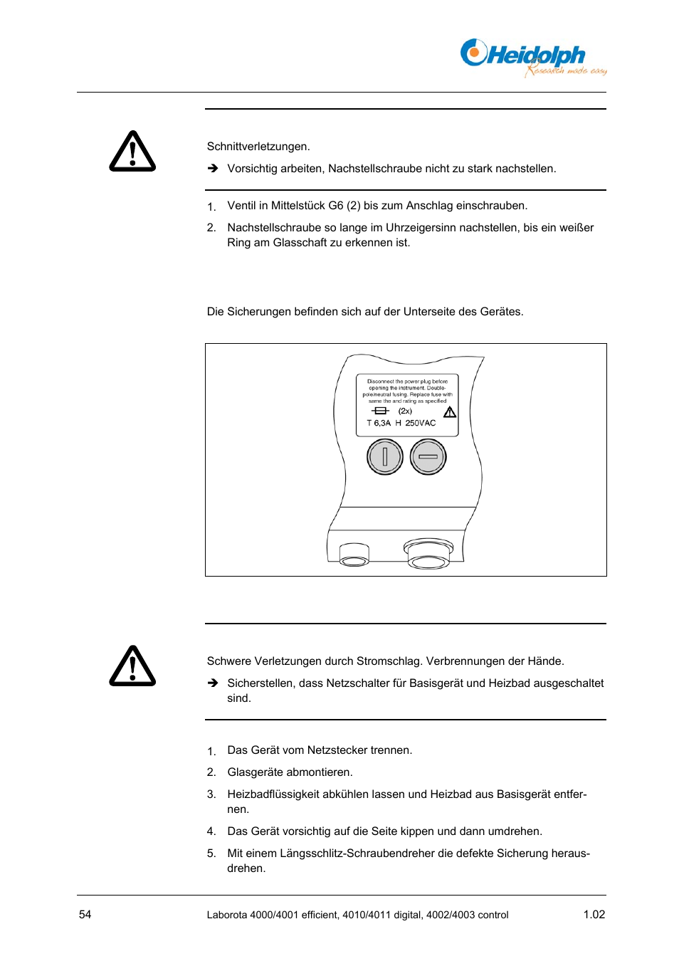 2 sicherungen austauschen, 2 sicherungen, Austauschen | 2, seite 54) | Heidolph LABOROTA 4000 up to 4003 User Manual | Page 56 / 364
