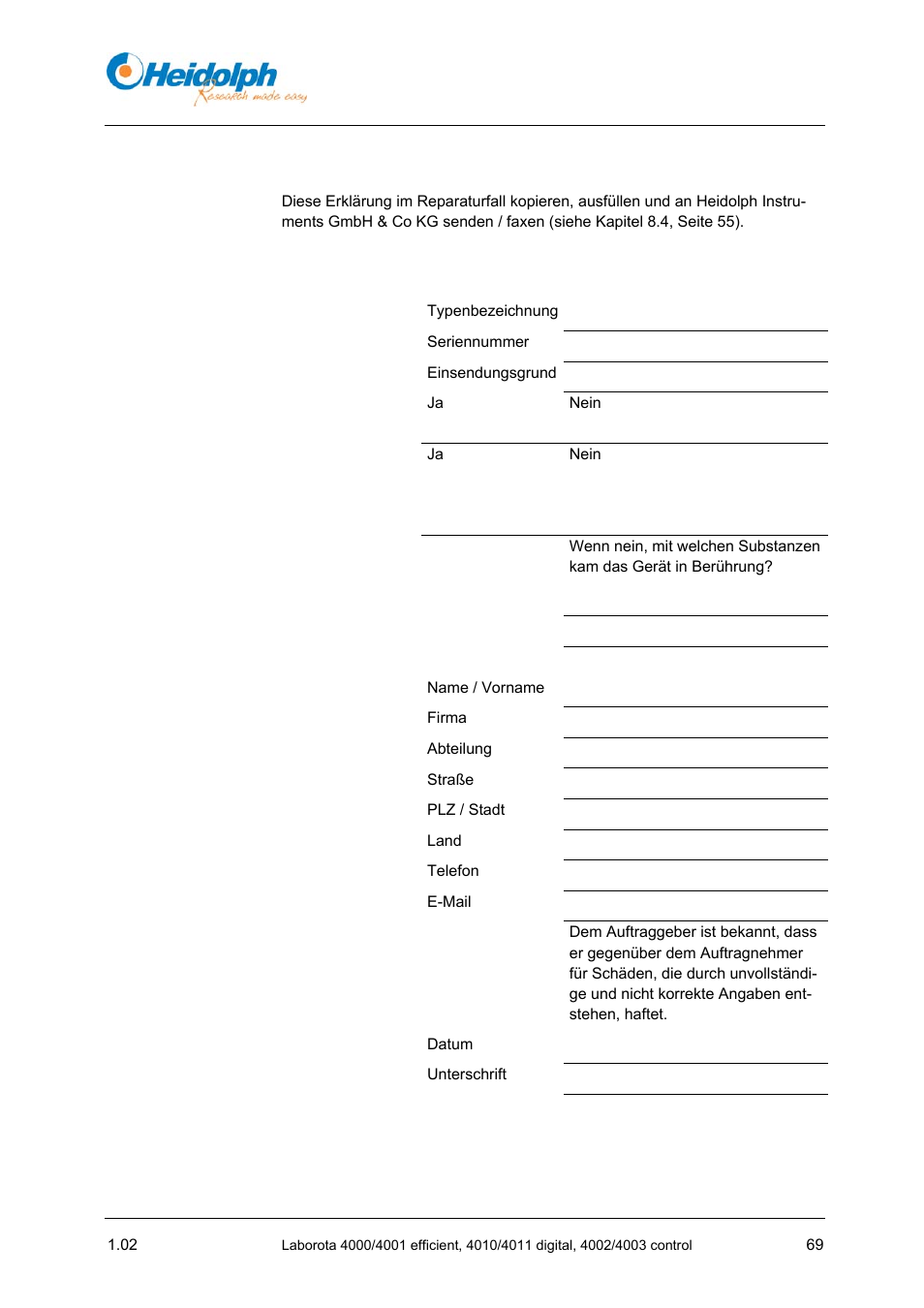6 unbedenklichkeitserklärung | Heidolph LABOROTA 4000 up to 4003 User Manual | Page 71 / 364