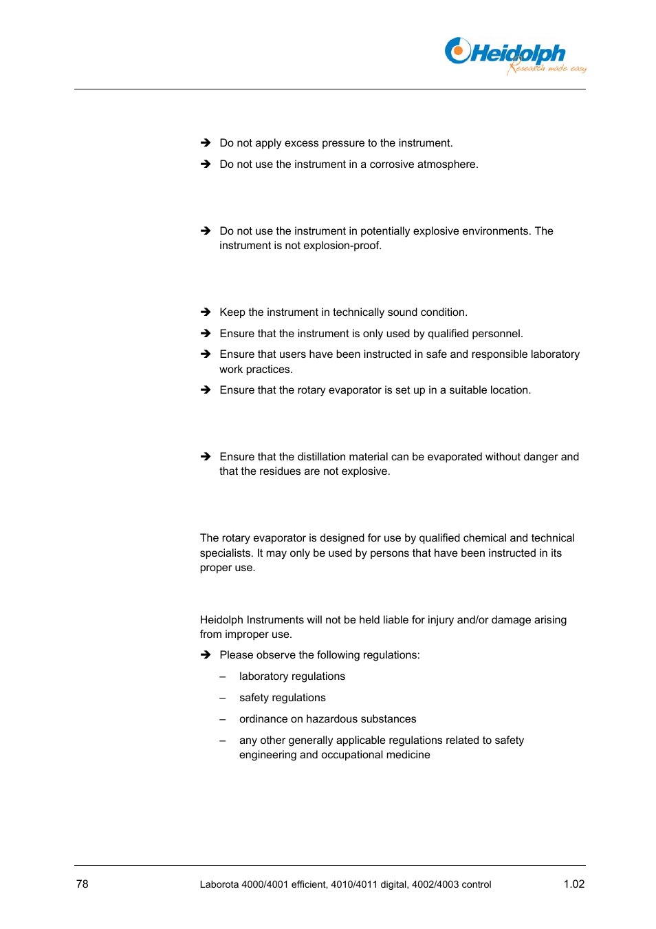3 improper use, 4 use in potentially explosive environments, 5 responsibilities of the operator | 6 responsibilities of the operating personnel, 7 qualifications of the operating personnel, 8 safety-conscious work, Use in potentially explosive environments, 5 responsibilities, Of the operator, 6 responsibilities | Heidolph LABOROTA 4000 up to 4003 User Manual | Page 80 / 364