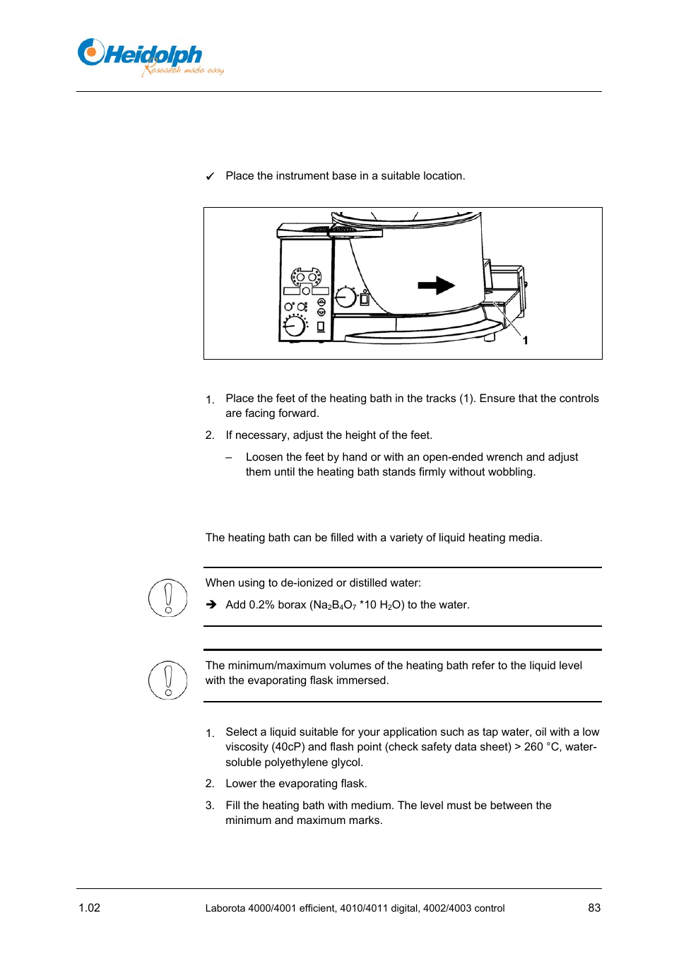 4 initial operation, 1 attaching the heating bath, 2 filling the heating bath | 4 initial, Operation, 1 attaching, The heating bath, 2 filling, Heating bath | Heidolph LABOROTA 4000 up to 4003 User Manual | Page 85 / 364