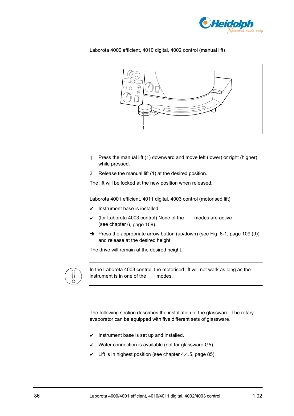 5 installing glassware, 5 installing, Glassware | Heidolph LABOROTA 4000 up to 4003 User Manual | Page 88 / 364