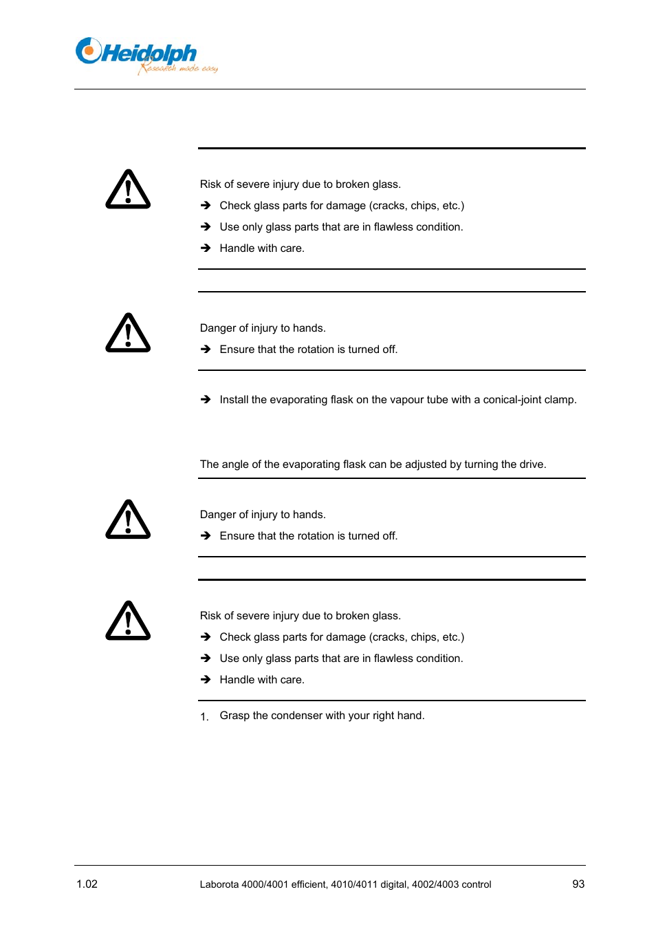 5 installing the evaporating flask, 6 adjusting the angle of the evaporating flask, 5 installing | Evaporating flask | Heidolph LABOROTA 4000 up to 4003 User Manual | Page 95 / 364