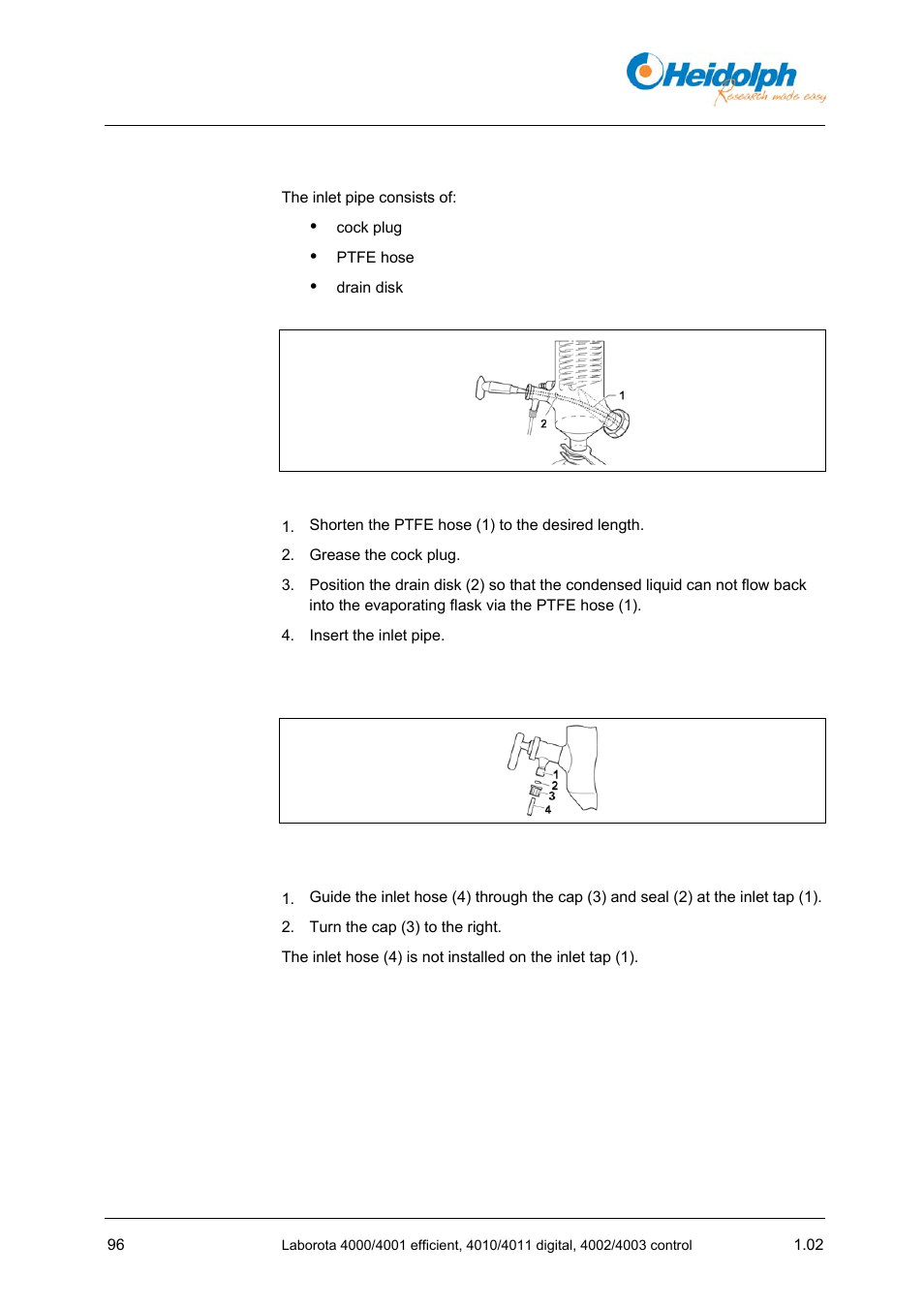 9 installing the inlet pipe, 10 installing the inlet hose, 9 installing | The inlet pipe | Heidolph LABOROTA 4000 up to 4003 User Manual | Page 98 / 364