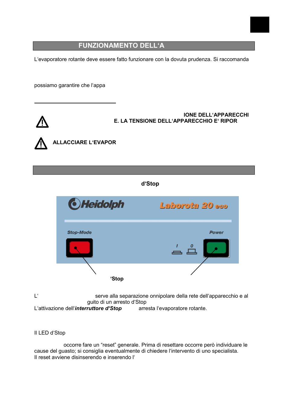 Funzionamento dell‘apparecchio, Funzionamento, Interruttore principale / interruttore d‘stop-mode | Heidolph LABOROTA 20 eco User Manual | Page 167 / 180