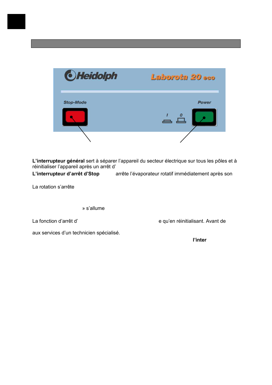 Fonctionnement, Interrupteur général / interrupteur stop-mode | Heidolph LABOROTA 20 eco User Manual | Page 96 / 180