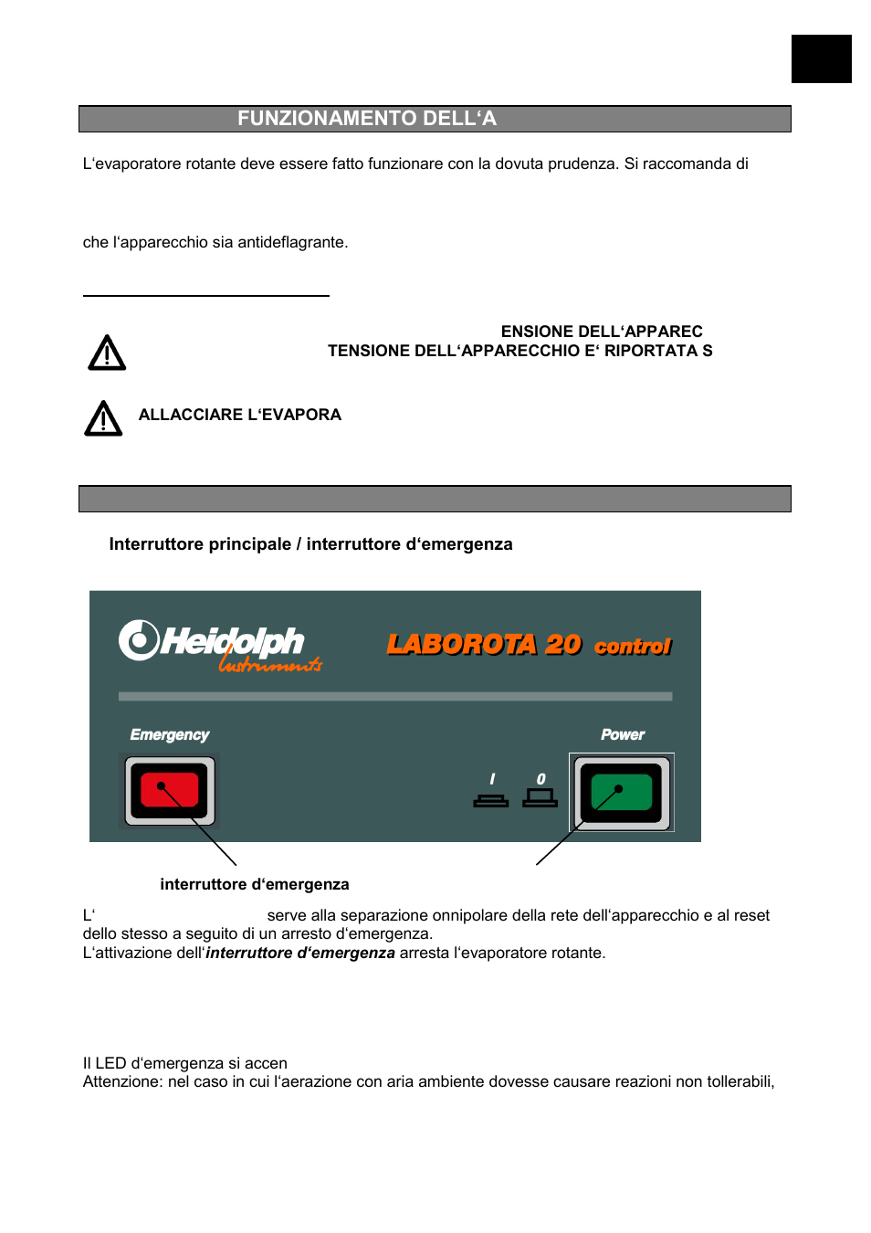 Funzionamento dell‘apparecchio, Funzioni del pannello di comando, Interruttore principale / interruttore d‘emergenza | Heidolph LABOROTA 20 compact and safety User Manual | Page 251 / 284