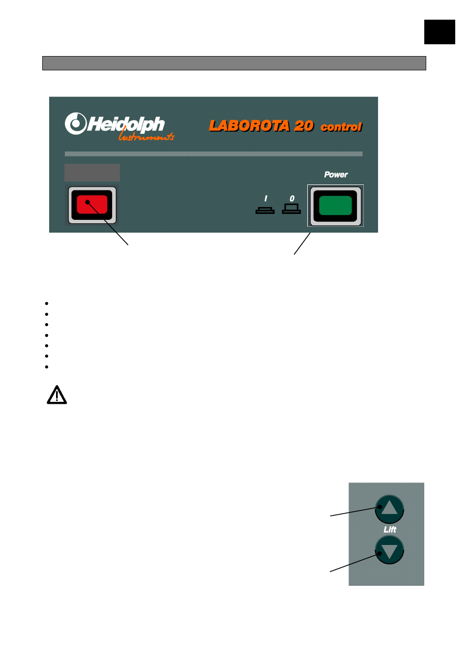 Funktionen des bedienpanels basisgerät, Hauptschalter / not-aus schalter, Heizbadlift | Heidolph LABOROTA 20 automatic User Manual | Page 27 / 190