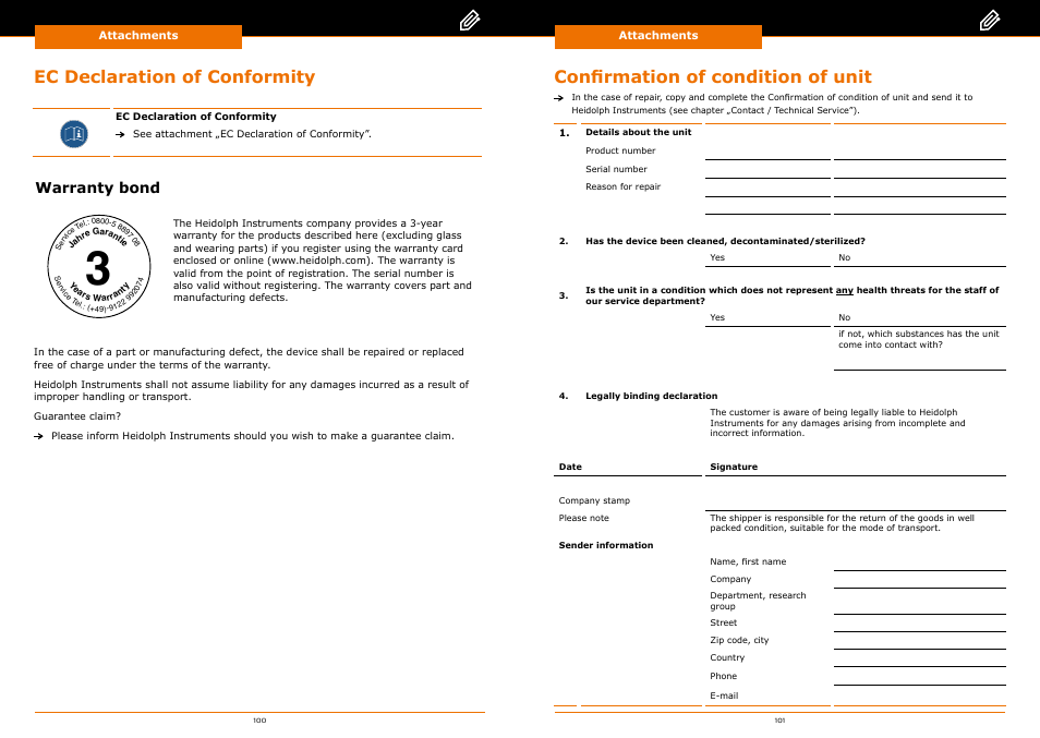 Ec declaration of conformity, Confirmation of condition of unit, Warranty bond | Heidolph Automatic Module Distimatic User Manual | Page 51 / 52