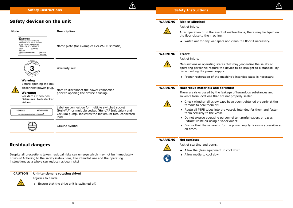 Safety devices on the unit residual dangers | Heidolph Automatic Module Distimatic User Manual | Page 8 / 52