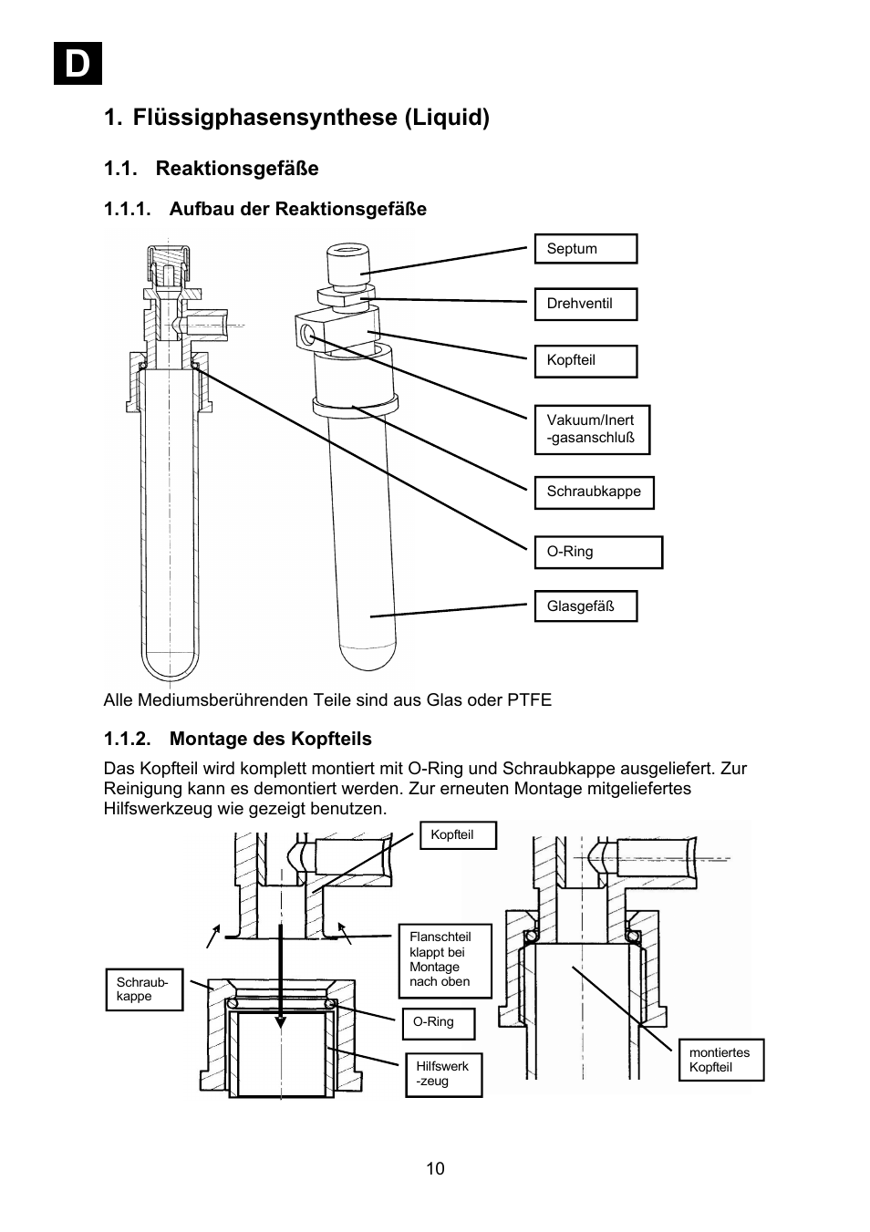 Flüssigphasensynthese (liquid), Reaktionsgefäße, Aufbau der reaktionsgefäße | Montage des kopfteils, Id i | Heidolph Synthesis 1 User Manual | Page 10 / 268