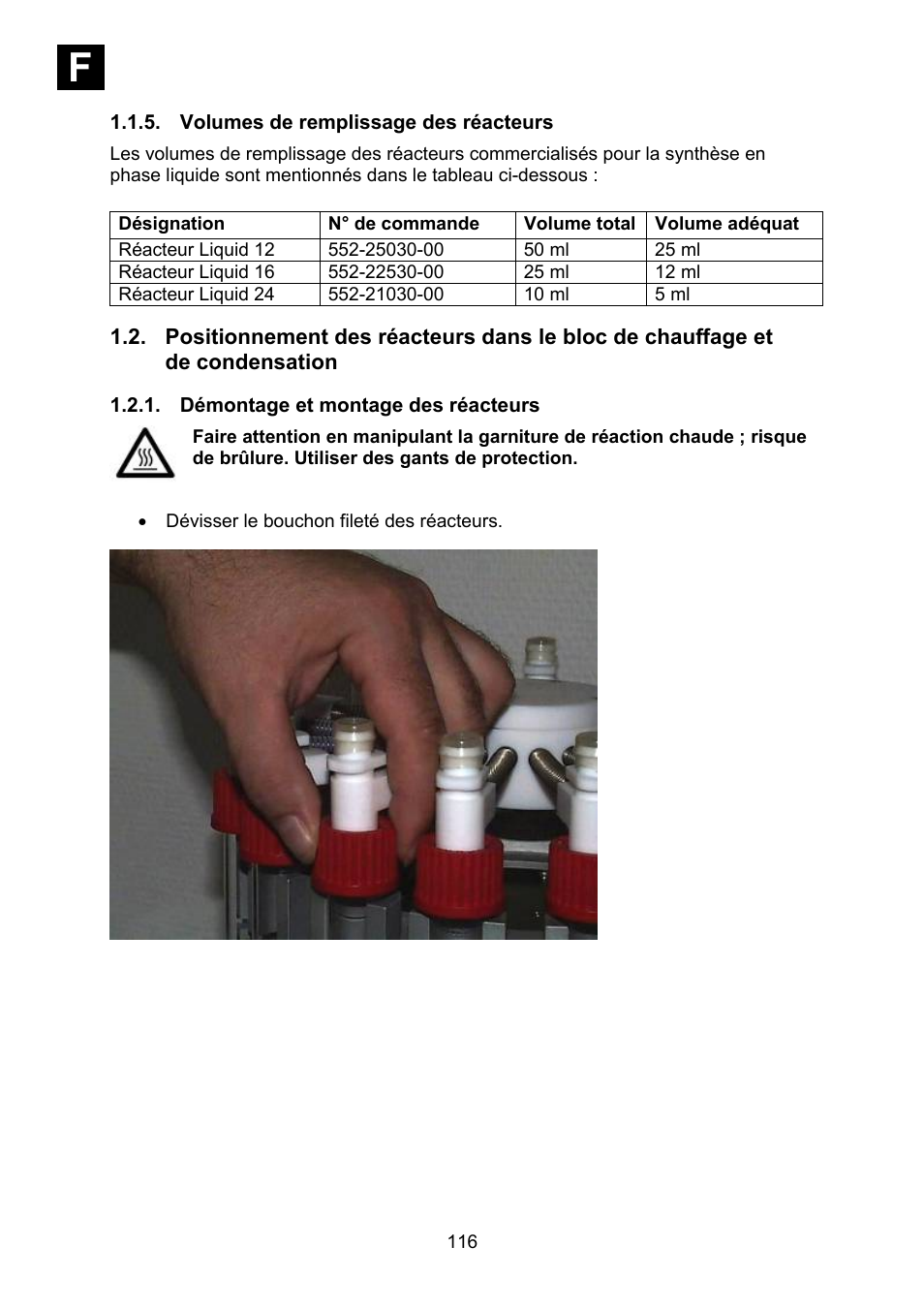 Volumes de remplissage des réacteurs, Démontage et montage des réacteurs, If i | Heidolph Synthesis 1 User Manual | Page 116 / 268