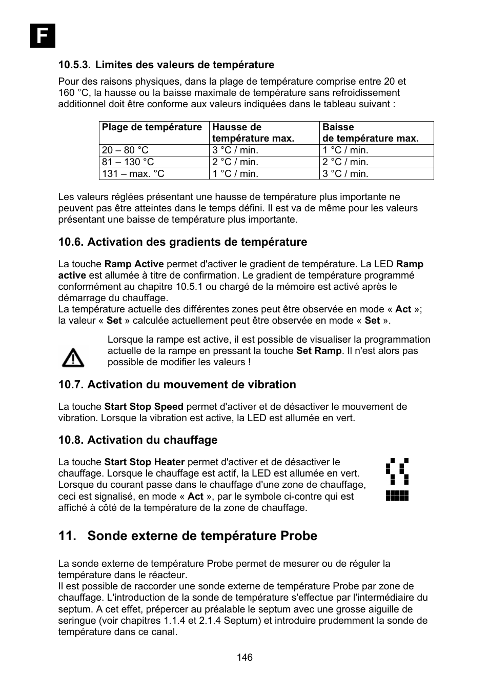 Limites des valeurs de température, Activation des gradients de température, Activation du mouvement de vibration | Activation du chauffage, Sonde externe de température probe, If i | Heidolph Synthesis 1 User Manual | Page 146 / 268