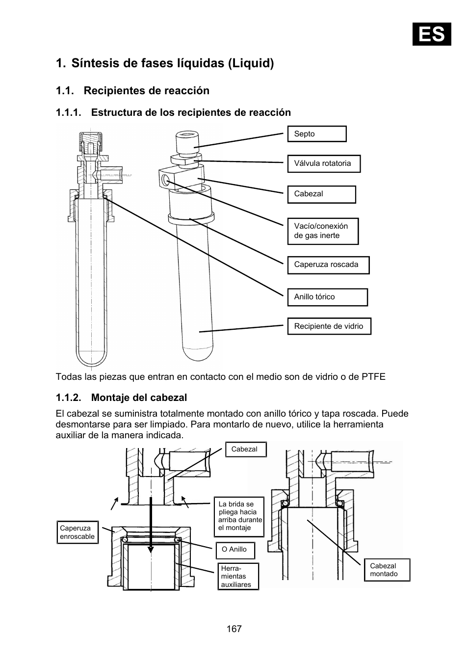 Síntesis de fases líquidas (liquid), Recipientes de reacción, Estructura de los recipientes de reacción | Montaje del cabezal, Ies i | Heidolph Synthesis 1 User Manual | Page 167 / 268