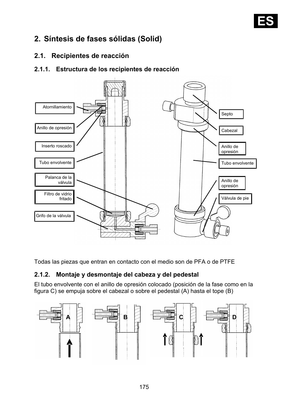 Síntesis de fases sólidas (solid), Recipientes de reacción, Estructura de los recipientes de reacción | Montaje y desmontaje del cabeza y del pedestal, Ies i | Heidolph Synthesis 1 User Manual | Page 175 / 268