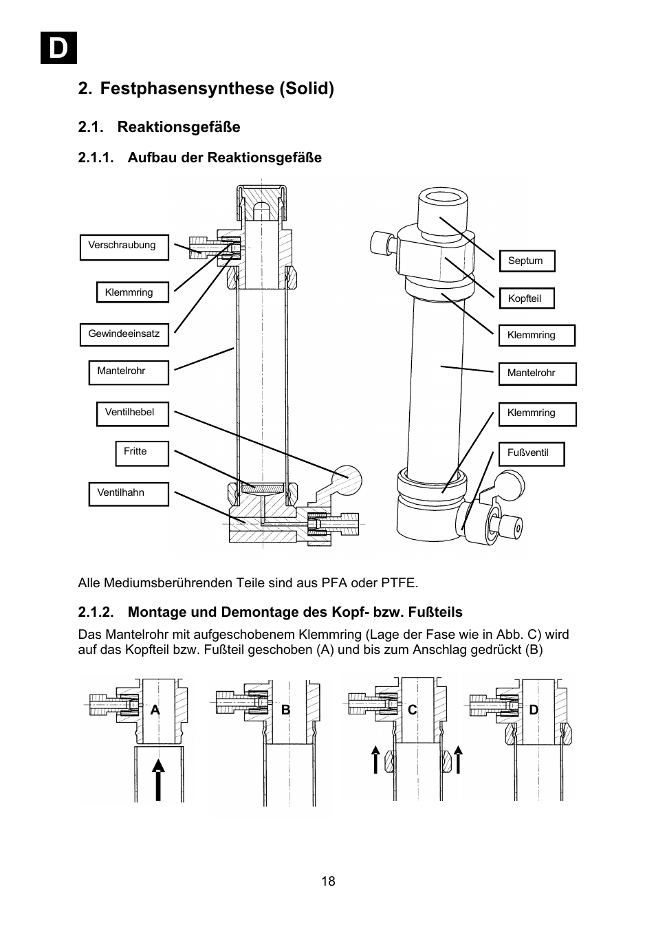 Festphasensynthese (solid), Reaktionsgefäße, Aufbau der reaktionsgefäße | Montage und demontage des kopf- bzw. fußteils, Id i | Heidolph Synthesis 1 User Manual | Page 18 / 268