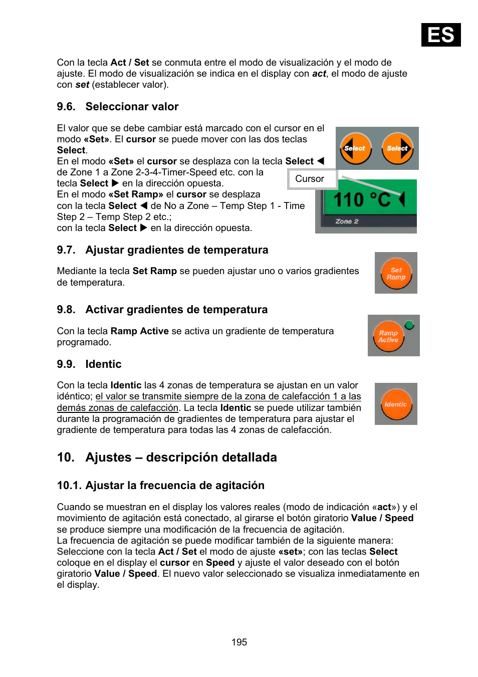 Seleccionar valor, Ajustar gradientes de temperatura, Activar gradientes de temperatura | Identic, Ajustes – descripción detallada, Ajustar la frecuencia de agitación, Ies i | Heidolph Synthesis 1 User Manual | Page 195 / 268