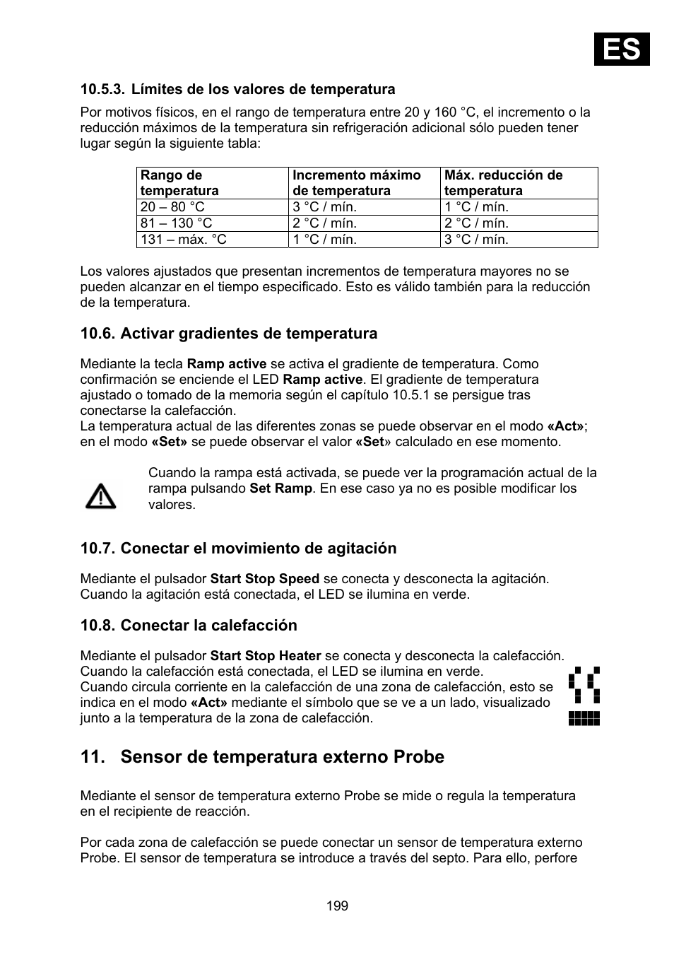 Límites de los valores de temperatura, Activar gradientes de temperatura, Conectar el movimiento de agitación | Conectar la calefacción, Sensor de temperatura externo probe, Ies i | Heidolph Synthesis 1 User Manual | Page 199 / 268