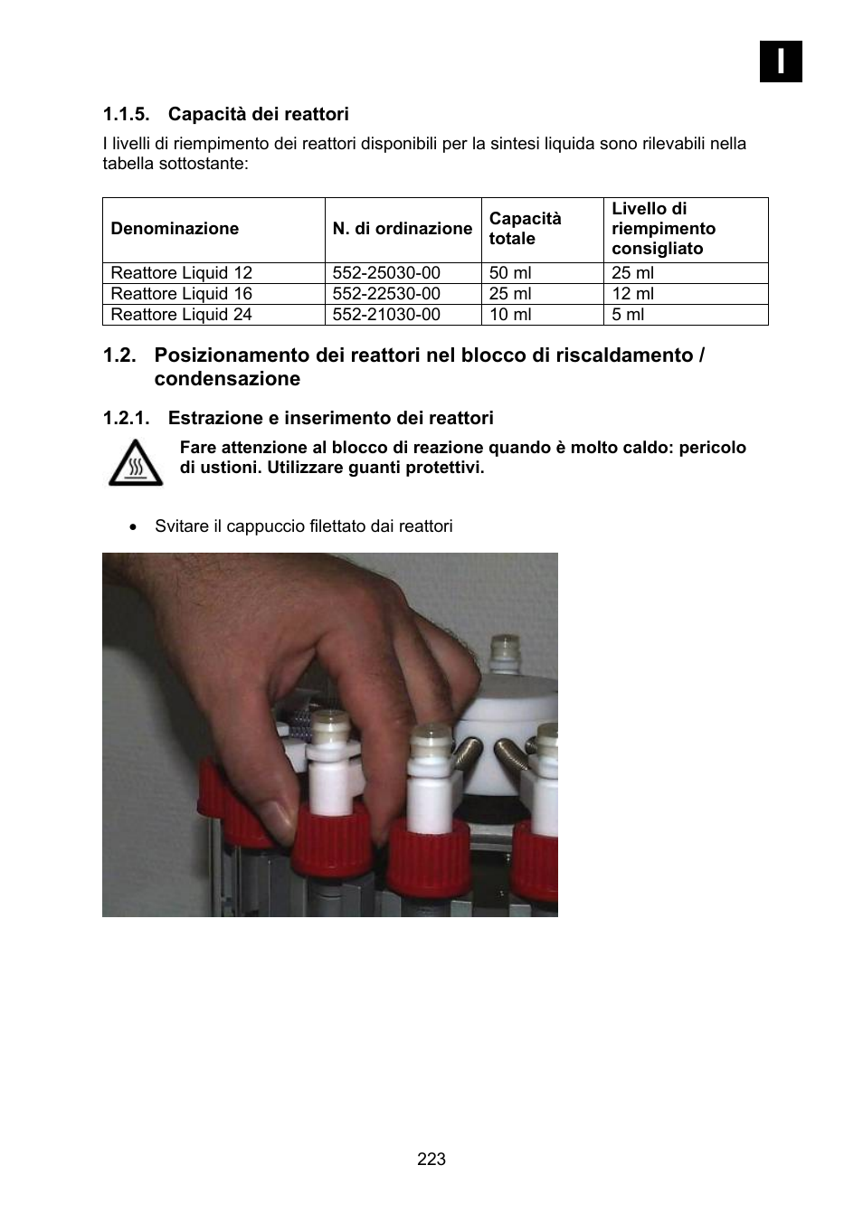 Capacità dei reattori, Estrazione e inserimento dei reattori | Heidolph Synthesis 1 User Manual | Page 223 / 268