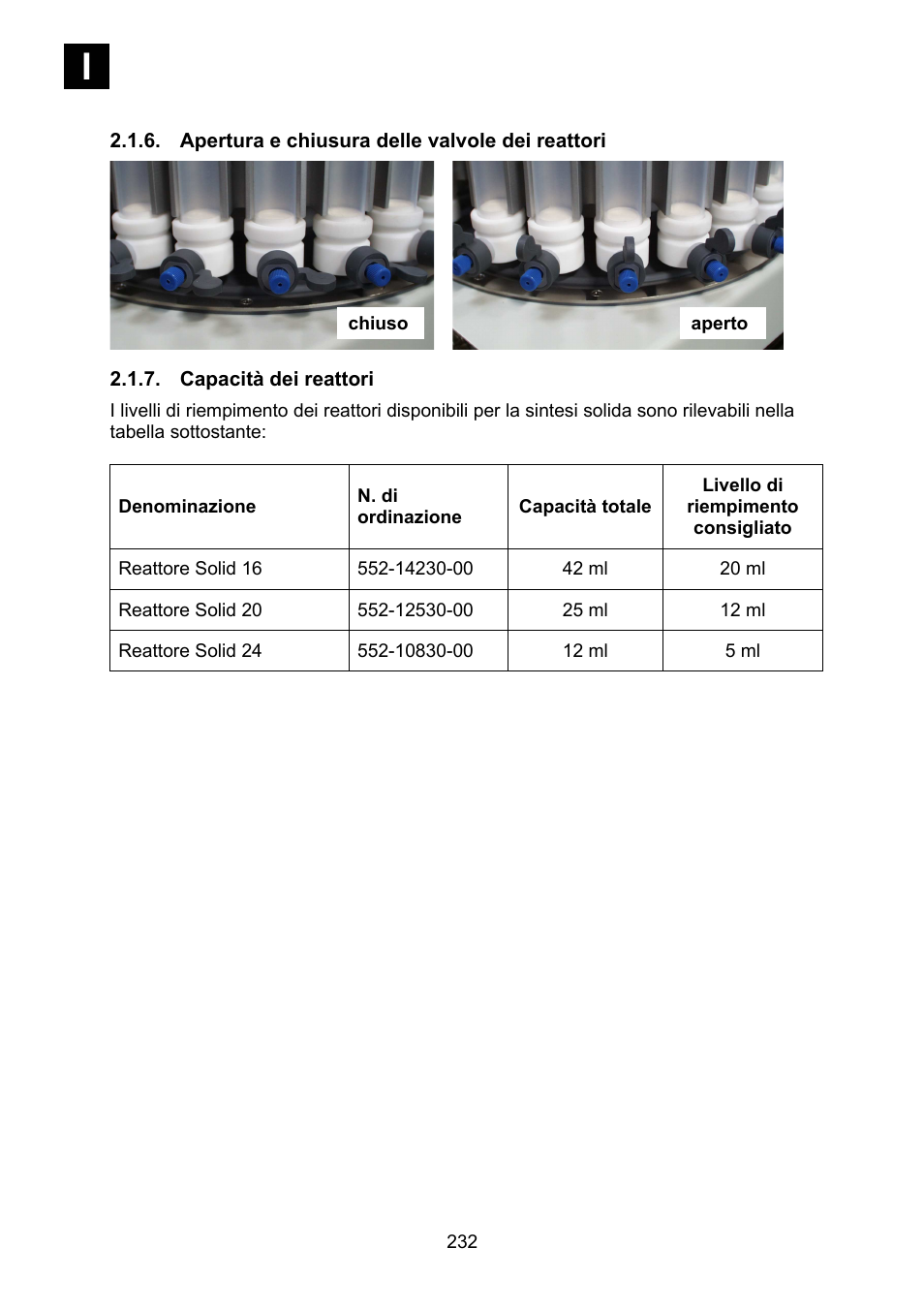 Apertura e chiusura delle valvole dei reattori, Capacità dei reattori | Heidolph Synthesis 1 User Manual | Page 232 / 268