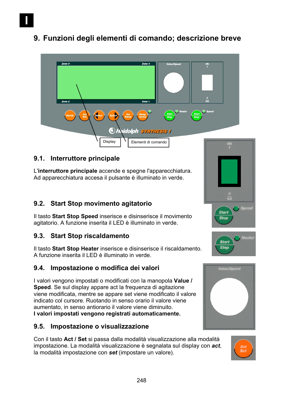 Interruttore principale, Start stop movimento agitatorio, Start stop riscaldamento | Impostazione o modifica dei valori, Impostazione o visualizzazione | Heidolph Synthesis 1 User Manual | Page 248 / 268
