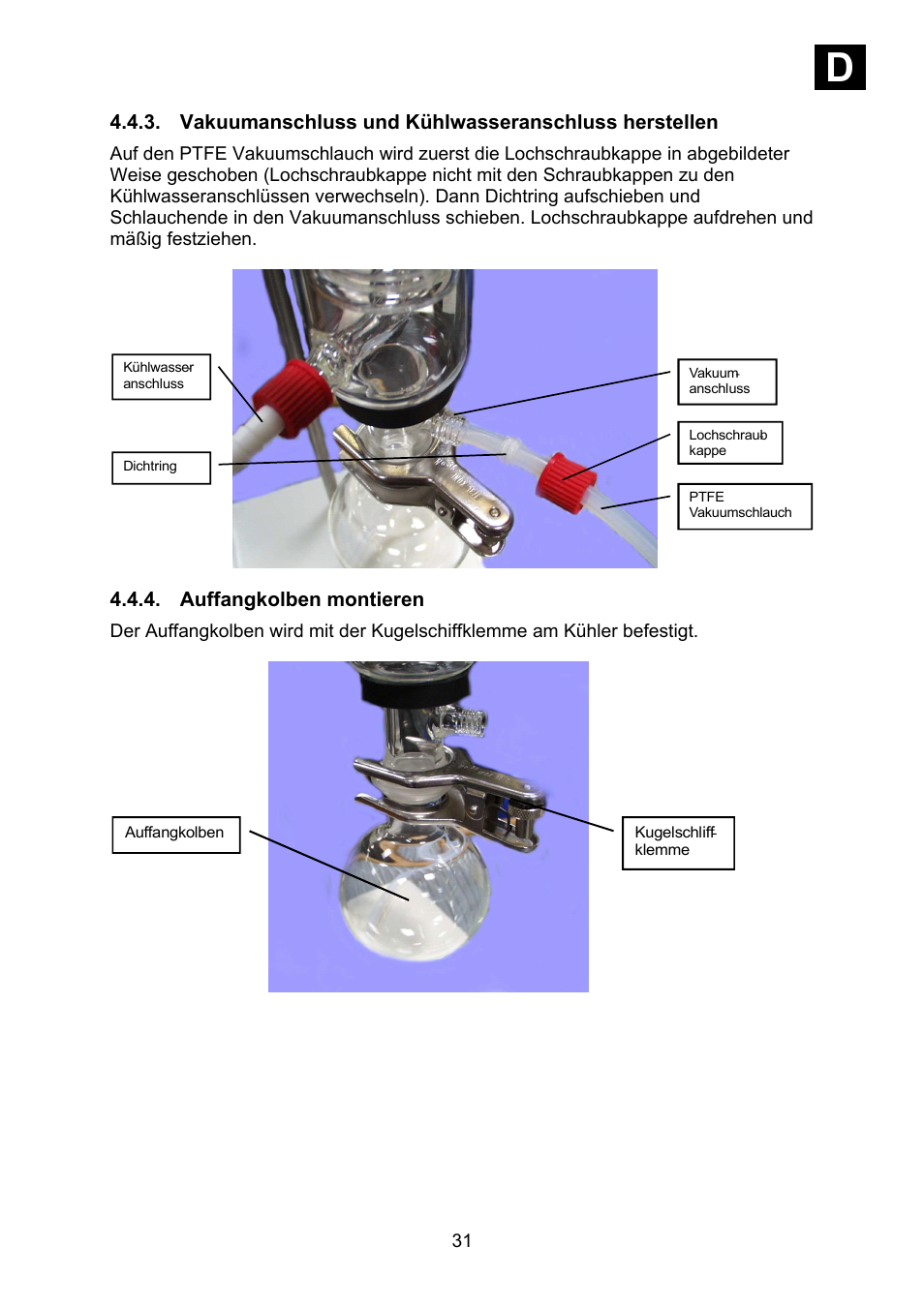 Vakuumanschluss und kühlwasseranschluss herstellen, Auffangkolben montieren, Id i | Heidolph Synthesis 1 User Manual | Page 31 / 268
