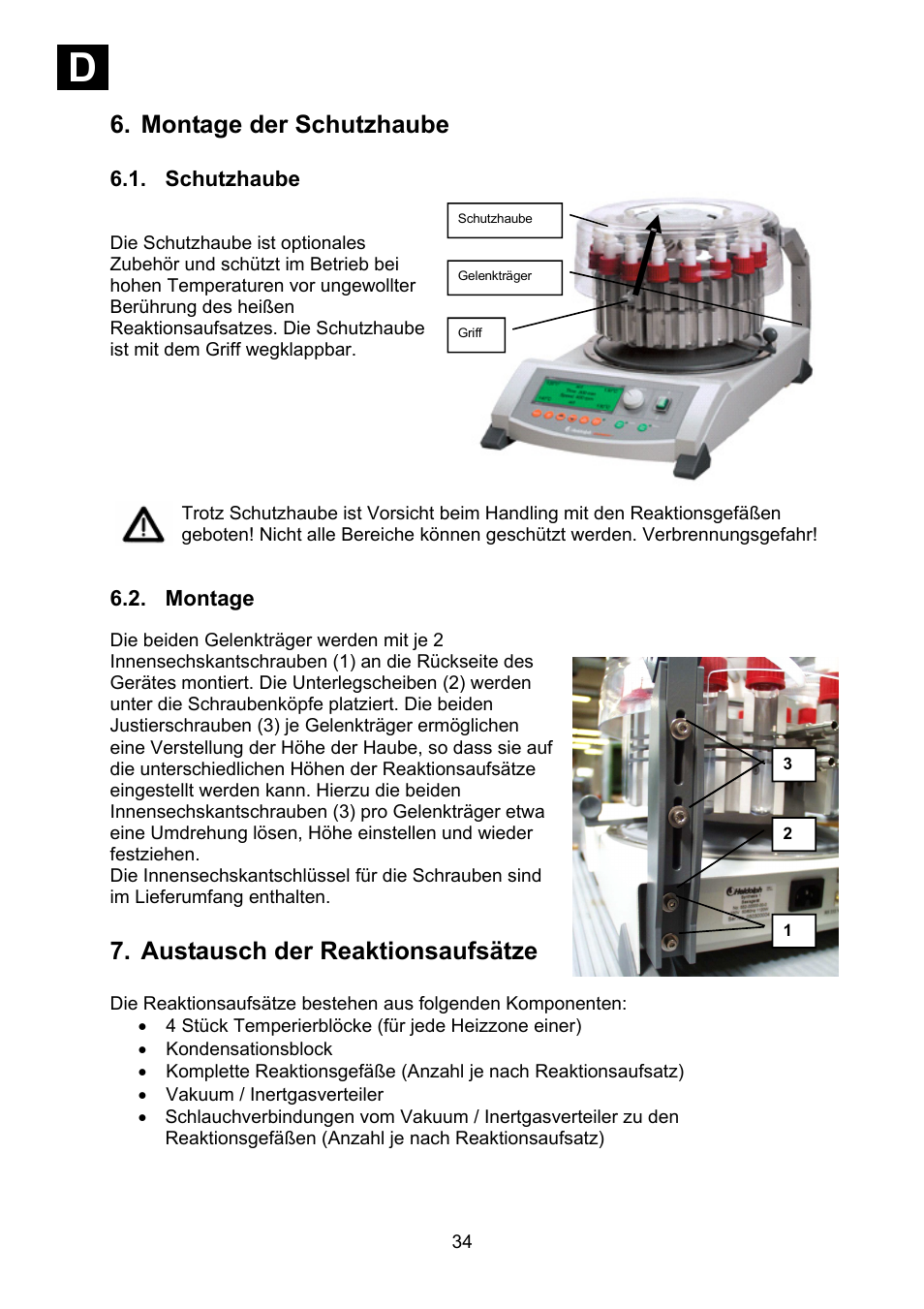 Montage der schutzhaube, Schutzhaube, Montage | Austausch der reaktionsaufsätze, Id i | Heidolph Synthesis 1 User Manual | Page 34 / 268