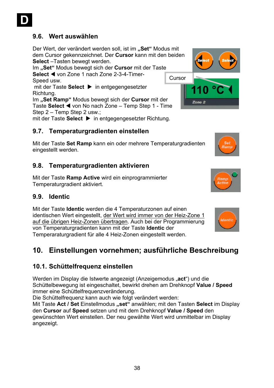 Wert auswählen, Temperaturgradienten einstellen, Temperaturgradienten aktivieren | Identic, Einstellungen vornehmen; ausführliche beschreibung, Schüttelfrequenz einstellen, Id i | Heidolph Synthesis 1 User Manual | Page 38 / 268