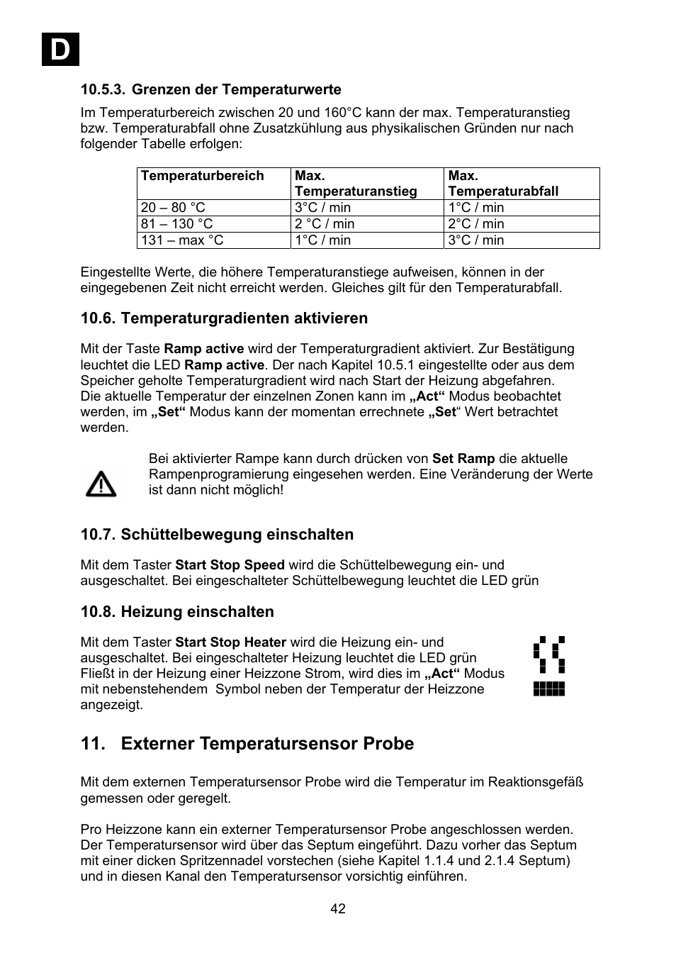 Grenzen der temperaturwerte, Temperaturgradienten aktivieren, Schüttelbewegung einschalten | Heizung einschalten, Externer temperatursensor probe, Id i | Heidolph Synthesis 1 User Manual | Page 42 / 268