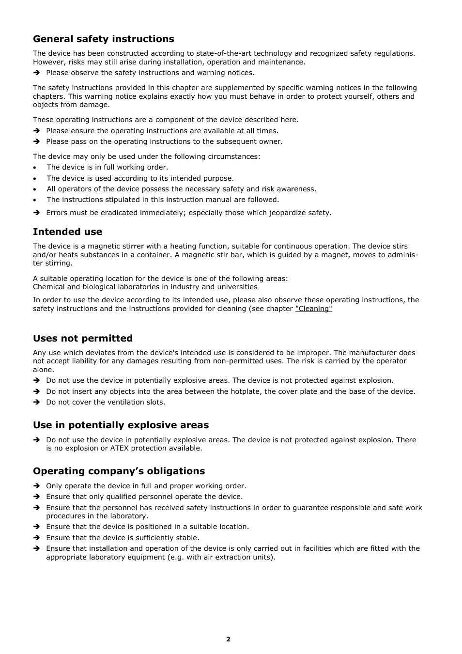 General safety instructions, Intended use, Uses not permitted | Use in potentially explosive areas, Operating company’s obligations | Heidolph MR Hei-Tec User Manual | Page 10 / 39