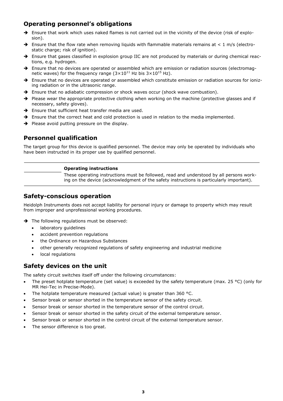 Operating personnel’s obligations, Personnel qualification, Safety-conscious operation | Safety devices on the unit | Heidolph MR Hei-Tec User Manual | Page 11 / 39