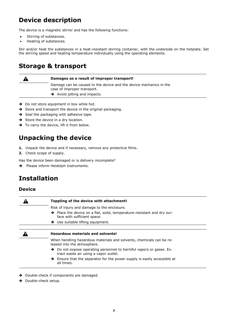 Device description, Storage & transport, Unpacking the device | Installation, Device | Heidolph MR Hei-Tec User Manual | Page 15 / 39