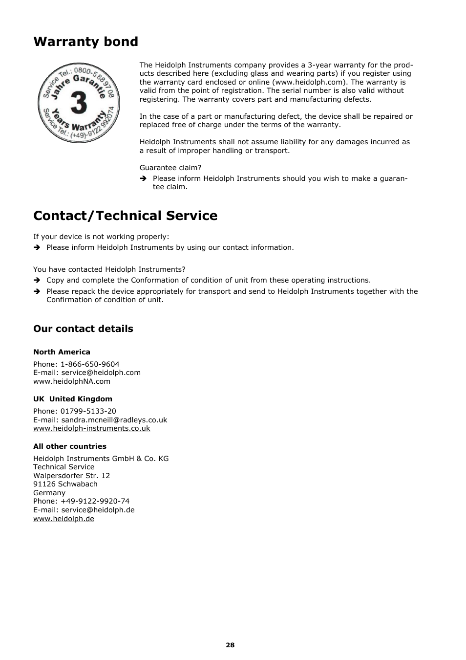 Warranty bond, Contact/technical service, Our contact details | Heidolph MR Hei-Tec User Manual | Page 36 / 39