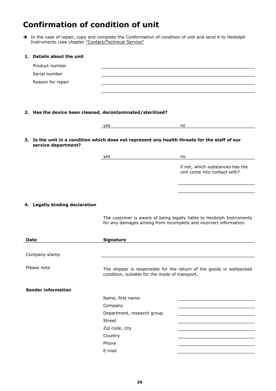Confirmation of condition of unit | Heidolph MR Hei-Tec User Manual | Page 37 / 39
