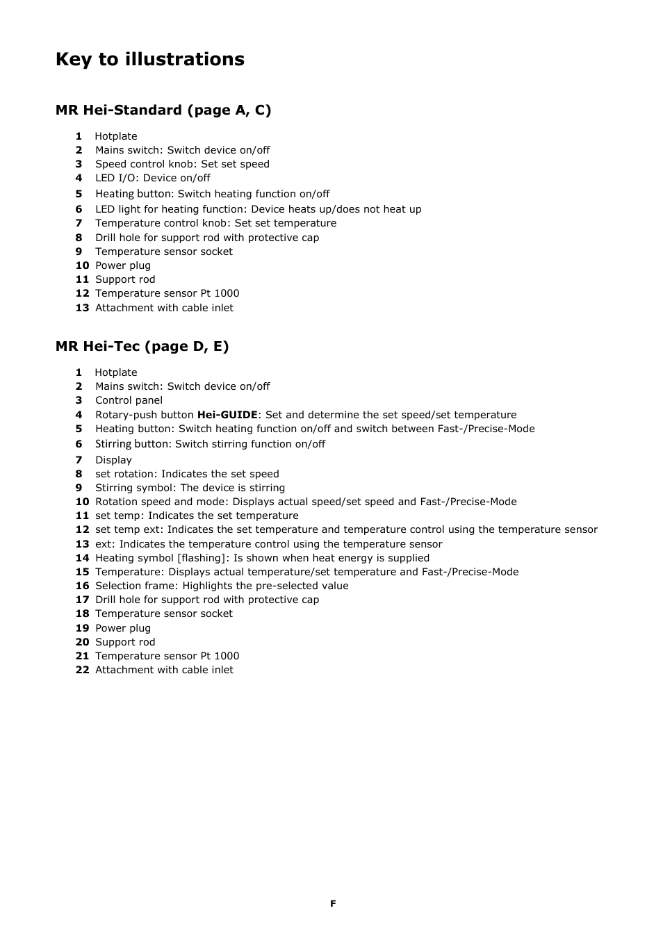 Key to illustrations, Mr hei-standard (page a, c), Mr hei-tec (page d, e) | Heidolph MR Hei-Tec User Manual | Page 7 / 39