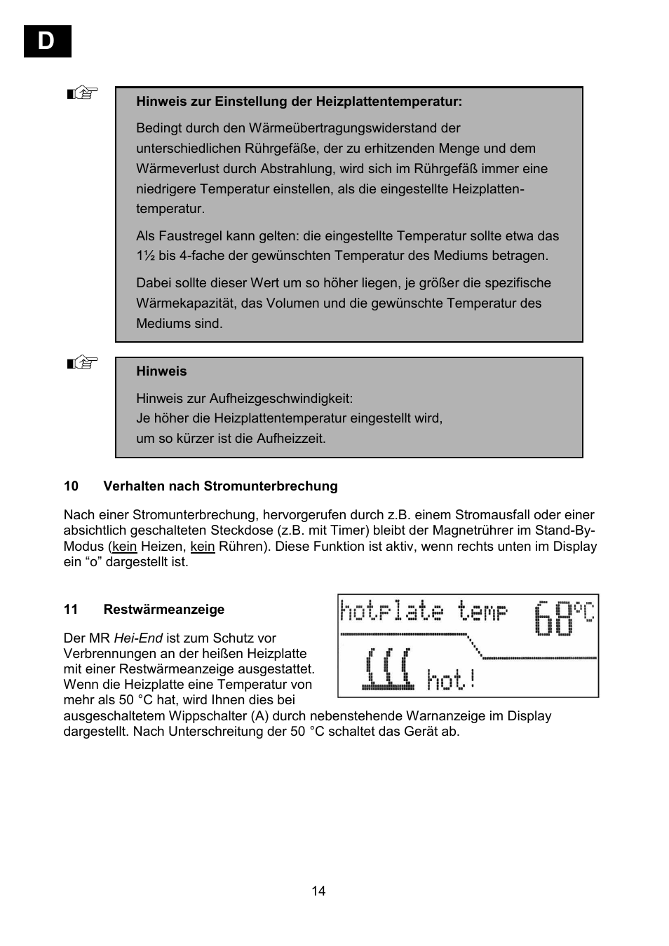 Verhalten nach stromunterbrechung, Restwärmeanzeige | Heidolph MR Hei-End User Manual | Page 16 / 124